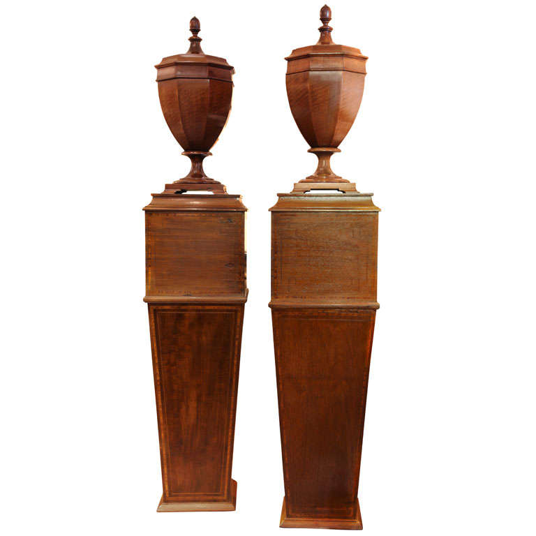 19th Century Pair of English Mahogany Lidded Urns on Pedestals