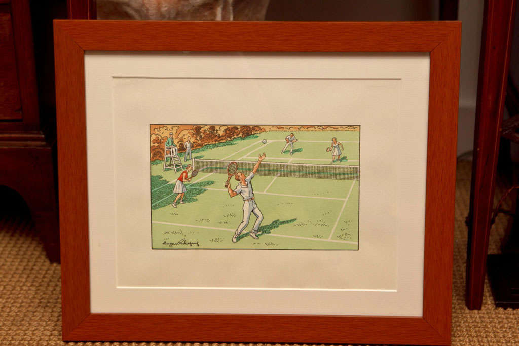 professionally framed brightly colored prints depicting ladies and gentleman playing golf and tennis.  Signed by the artist.<br />
Priced Individually