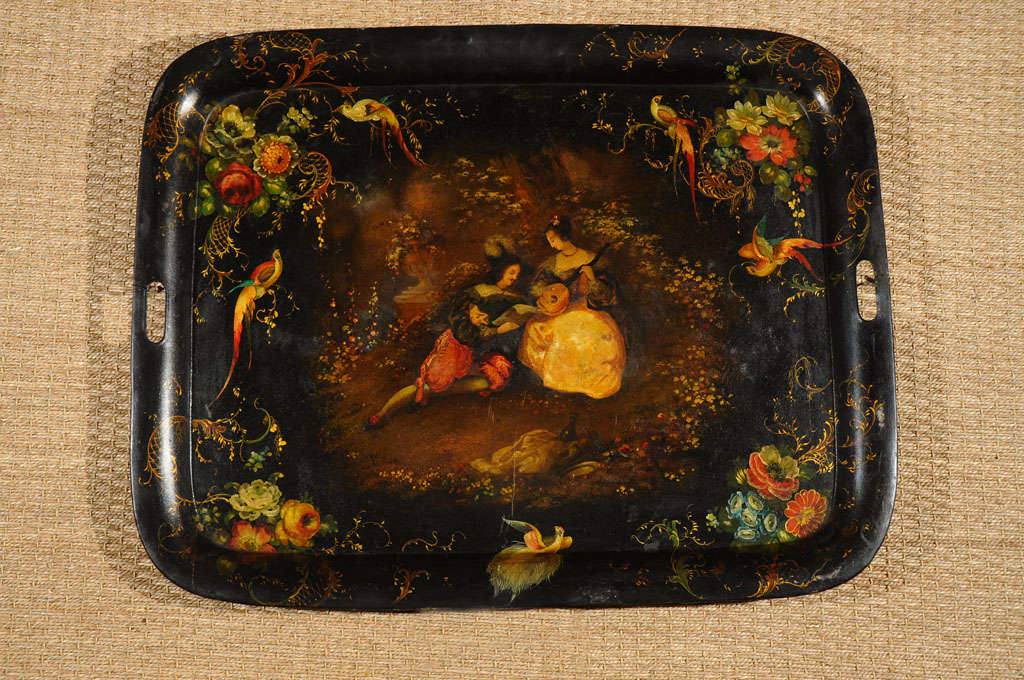 This tray is a delight for the eyes. It is hand-painted all-over with the focus centered on the man and woman. The birds and flora seem to come alive when you look at them close enough. This tray would be beautiful hung on a wall, as it is a piece