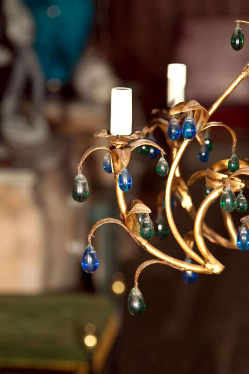 Italian Gilt Metal Chandelier with Blue and Green Crystal Drops