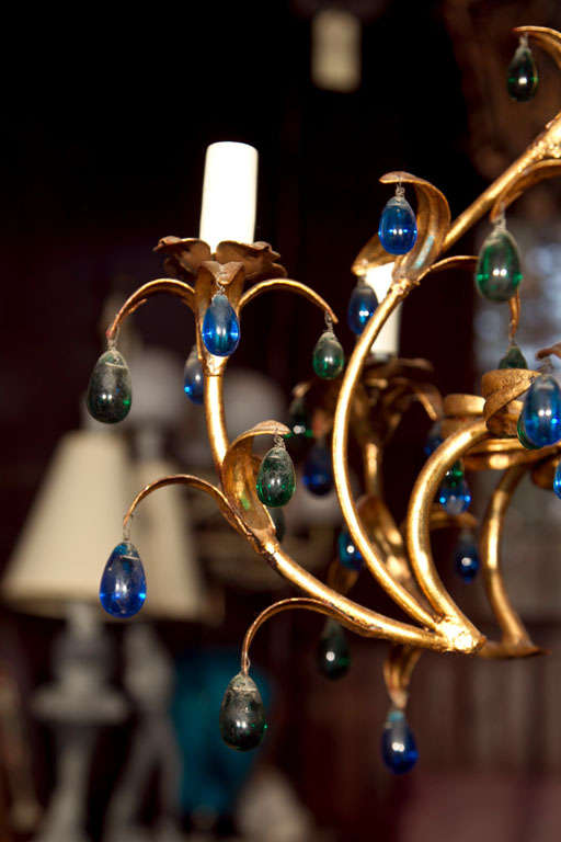 Mid-20th Century Gilt Metal Chandelier with Blue and Green Crystal Drops