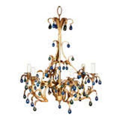 Gilt Metal Chandelier with Blue and Green Crystal Drops 6