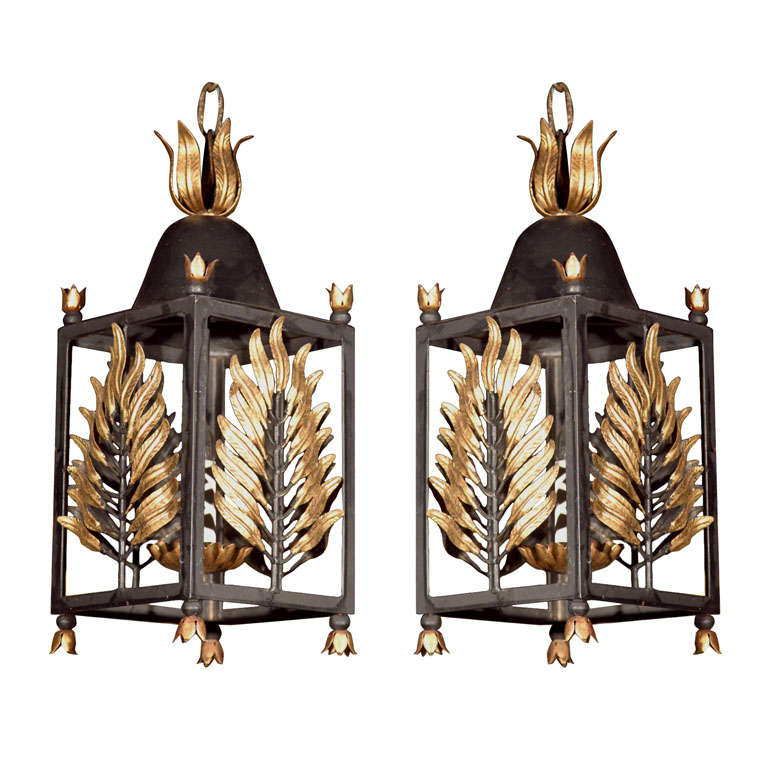 Pair of Wrought Iron Gilt Palm Leaf Lanterns