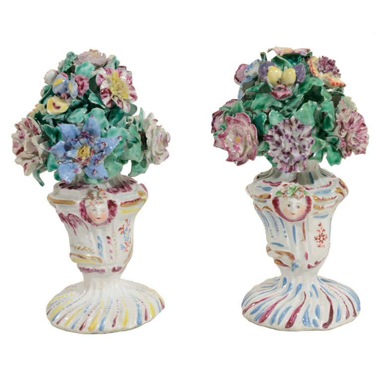 A Pair of Antique Bow Porcelain Flower Filled Vases