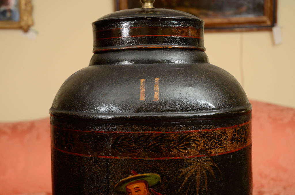 Tôle Chinese tea canister, converted to lamp