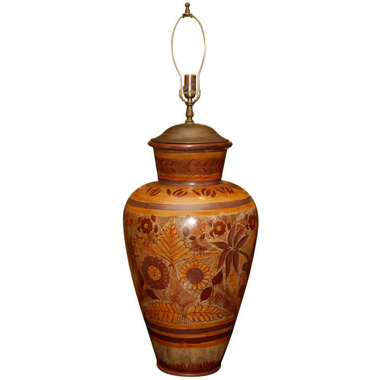 Large Hand Decorated Mexican Lamp For Sale