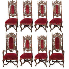 Set of 8 Antique English Charles II Carved Walnut Dining Chairs
