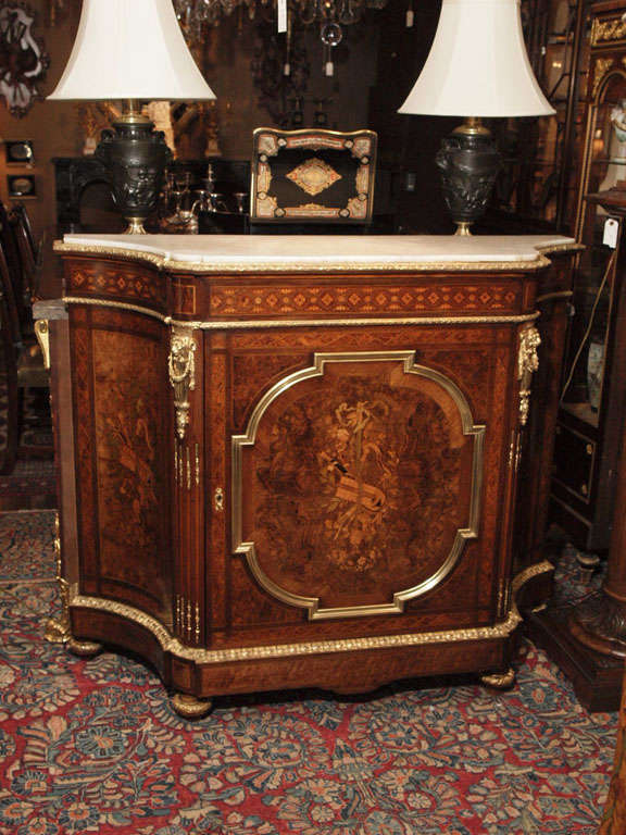 Antique Ormulu Mounted Marble Top Commode, Exceptional Marquetry