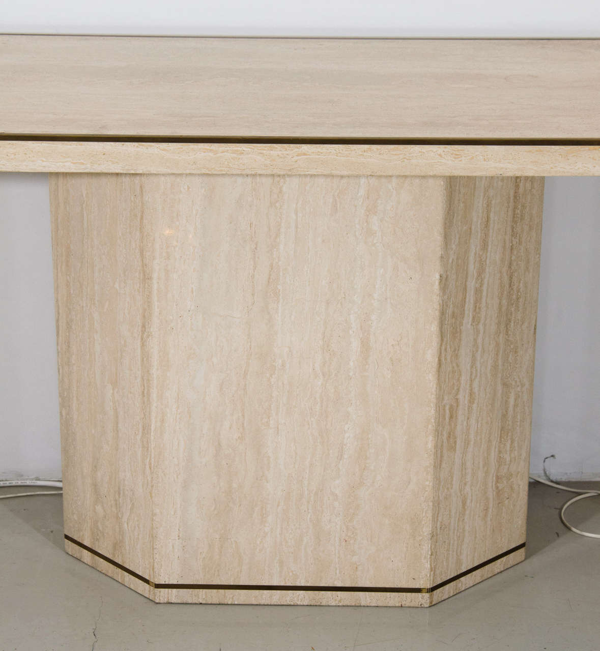 Italian Willy Rizzo Style Travertine Console Table with Brass Edging For Sale