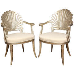 Pair of Italian Carved Wood Shell Back Armchairs