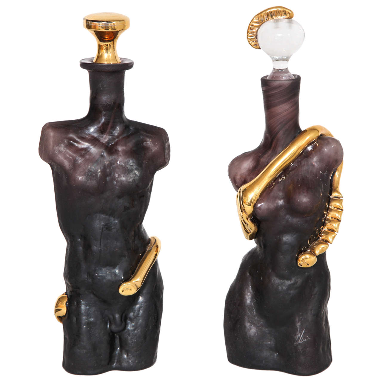Black 'Amethyst' Glass with Gold Surrealist Figurative Cologne Bottles