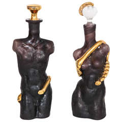 Black 'Amethyst' Glass with Gold Surrealist Figurative Cologne Bottles