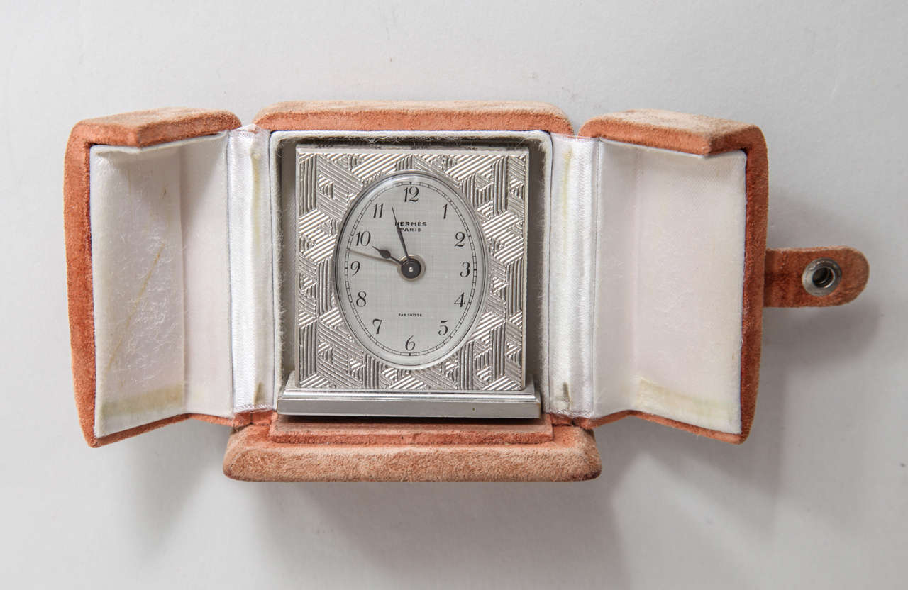 French Hermes Art Deco Travel Clock in Box