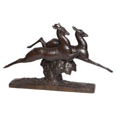 Andre Vincent Becquerel Bronze Sculpture, "Brocard et Chevrette Sautant, " 1928
