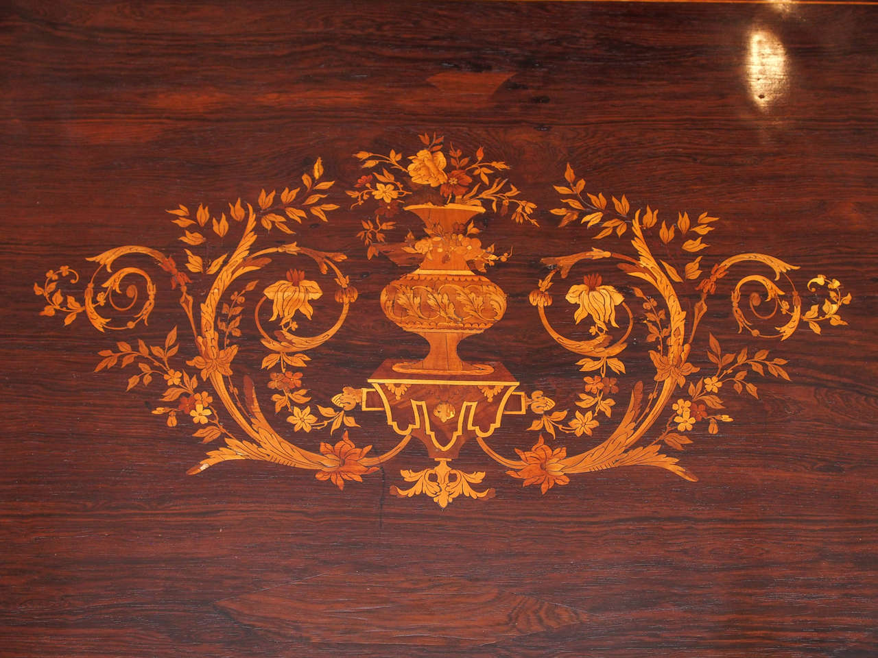 19th Century Antique French Rosewood Center Table with Exotic Wood Inlays For Sale