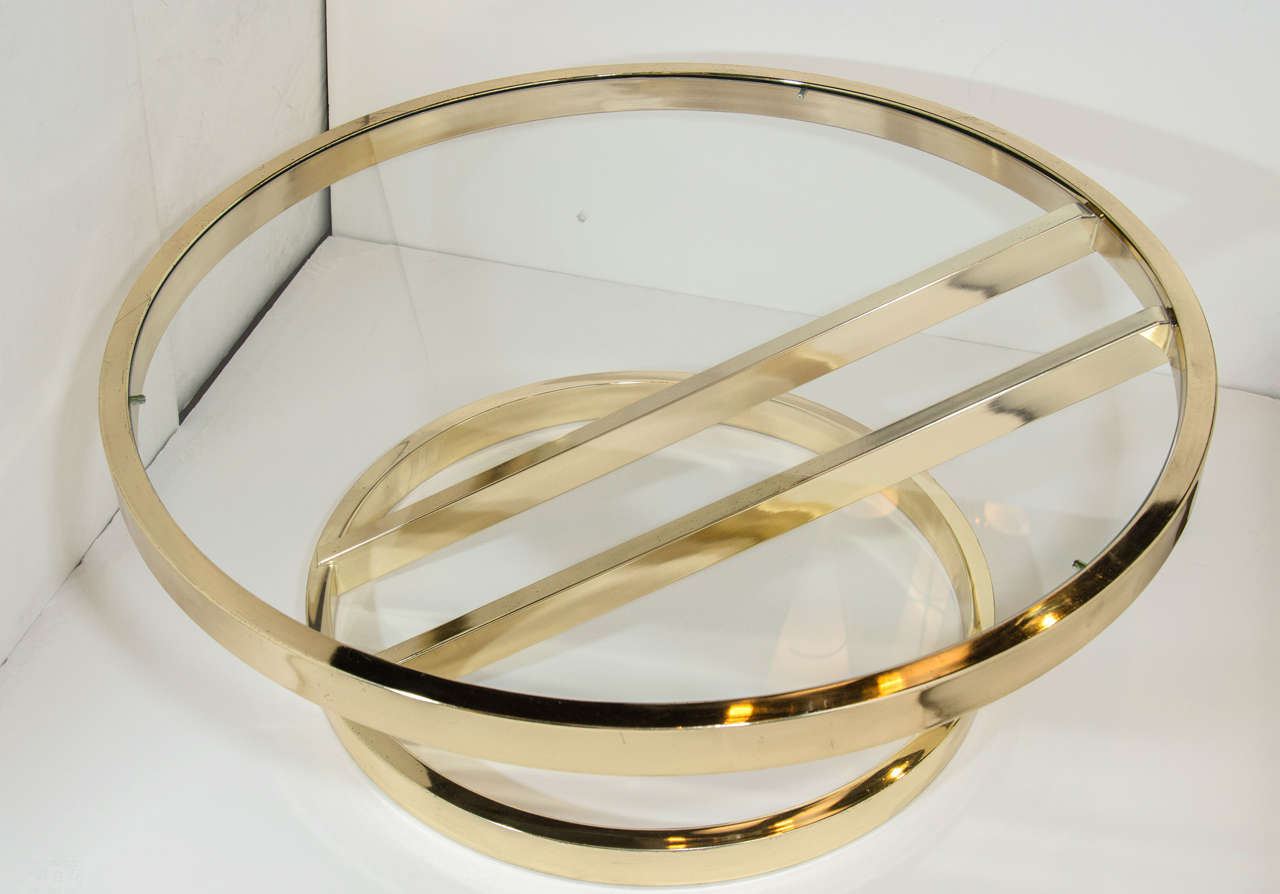 American Circular Brass Coffee Table with Cantilevered Base by Milo Baughman