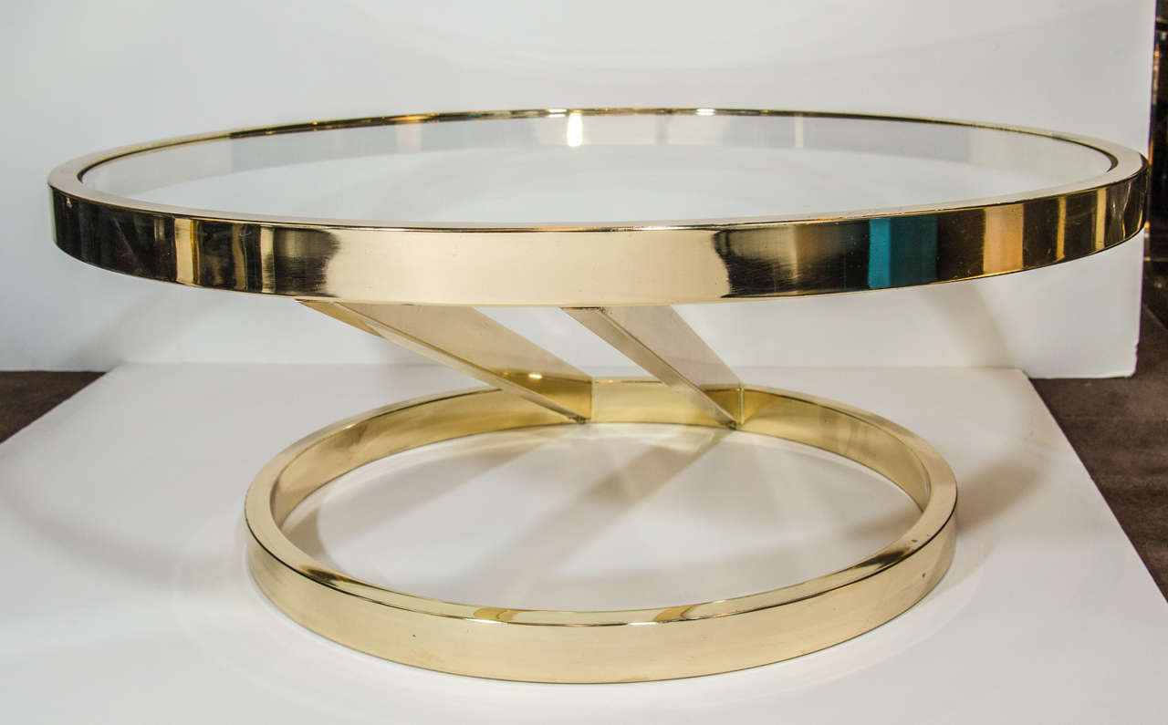 Circular Brass Coffee Table with Cantilevered Base by Milo Baughman 2