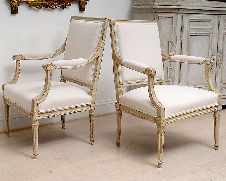Pair of Square Back Louis XVI Arm Chairs