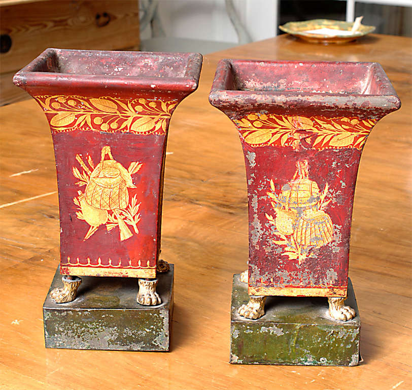 A Very Rare Pair of Gilt and Red Painted Directoire Period Tole Jardinieres with Beautiful Olive Branch Decoration and Claw feet.
