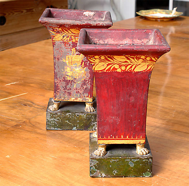 French Pair of Directoire Red Gilt and Red Painted Tole Jardinieres