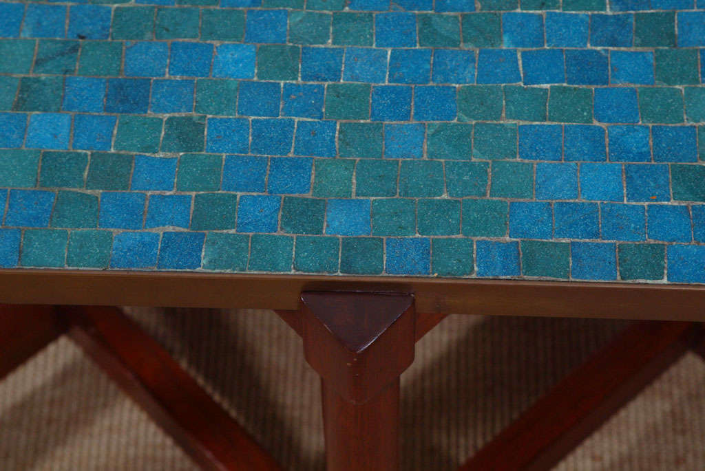 Mahogany Edward Wormley for Dunbar Blue Glass Mosaic Topped Table For Sale