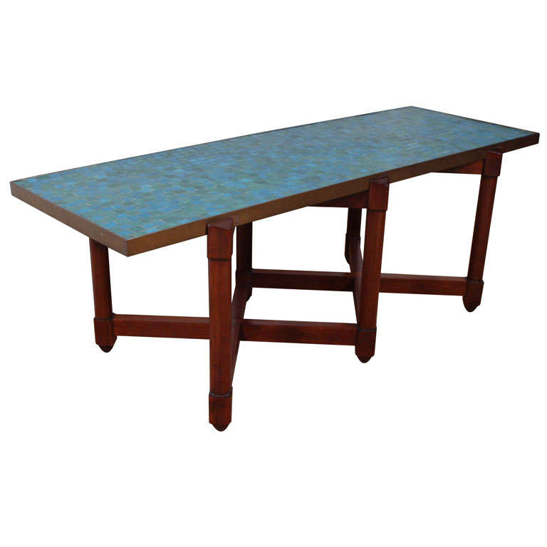 Edward Wormley for Dunbar Blue Glass Mosaic Topped Table For Sale