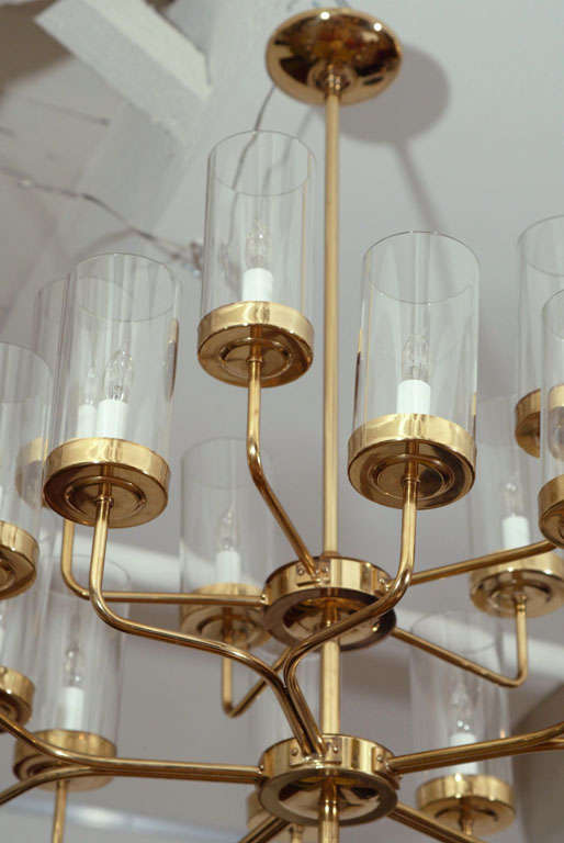 Brass and Glass Two-Tier Chandelier In Excellent Condition For Sale In New York, NY