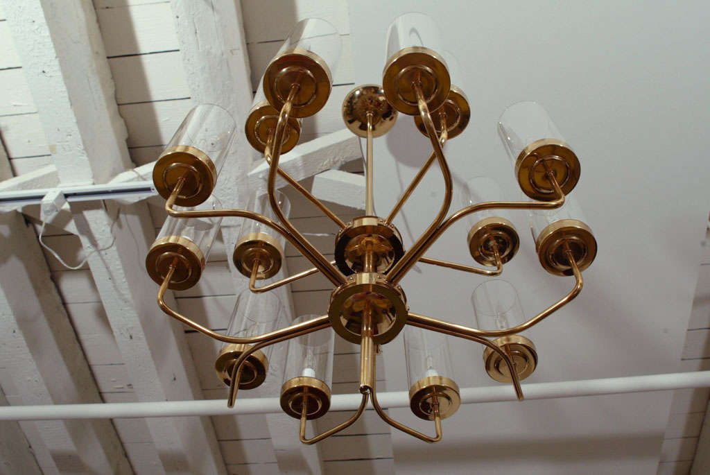 Mid-20th Century Brass and Glass Two-Tier Chandelier For Sale