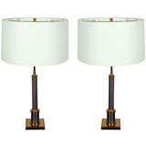 A Pair of Gunmetal and Brass Cylindrical Table Lamps.