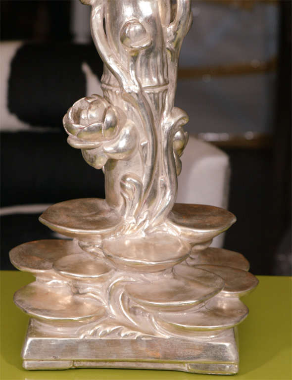 Italian Pair of Platinum Gilt Lotus Blossom Lamps