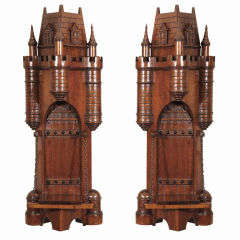 Pair Carved Mahogany "Castle" Wall Brackets, England, c. 1875