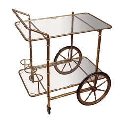 Faux Bamboo Brass & Glass Drinks Trolley, France, c. 1950