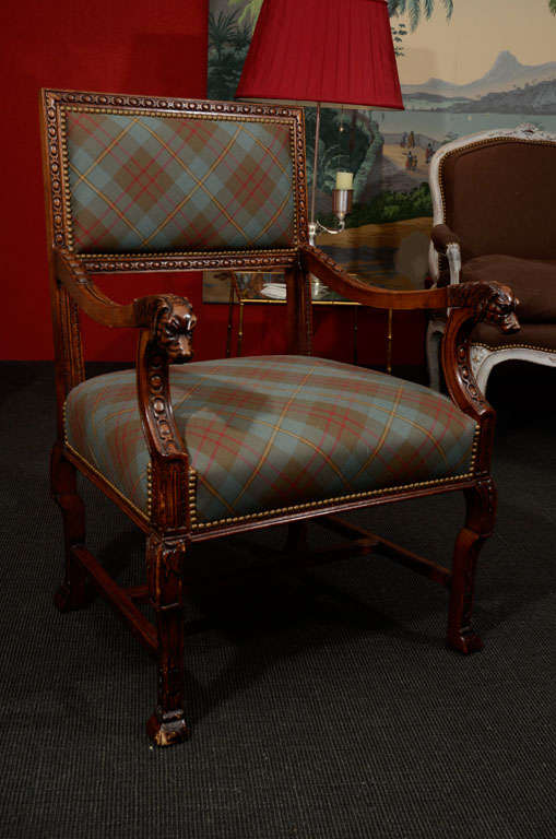 Pair of Napoleon III Walnut Armchairs with Dog's Head Details