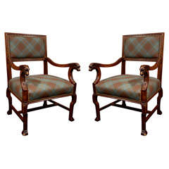 Pair of Napoleon III Walnut Armchairs with Dog's Head Details