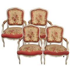 Set of Four Louis XV Style Painted Arm Chairs