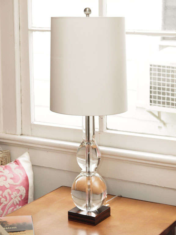 Double Gourd Glass Lamp with White Shade
Macassar Ebony Wood Base
Also available in Lucite Base (price change)