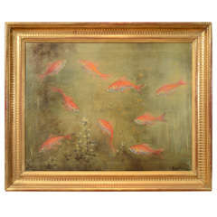 Oil on Canvas of Gold Fish Swimming in Pond (signed) Oil on Canvas of Gold Fish Swimming in Pond (signed)