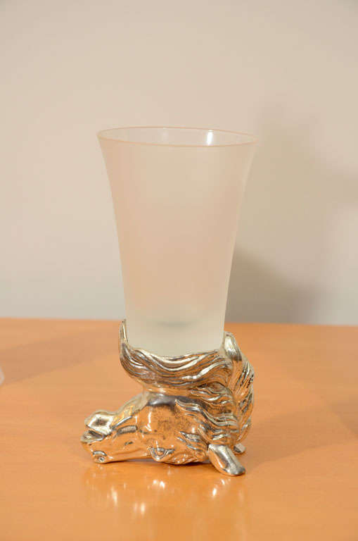 Nickel Plated Horsehead Decanter and Set of '6' Glasses In Good Condition For Sale In East Hampton, NY