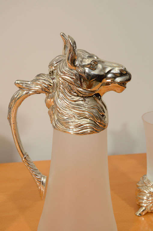 Nickel Plated Horsehead Decanter and Set of '6' Glasses For Sale 3