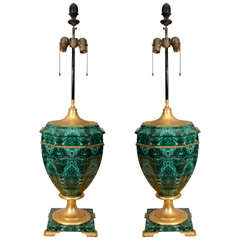 Vintage A Fantastic Pair of Decopage Faux Malachite Lamps