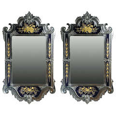 Pair Of Very Large Venetian Rococo Style Engraved Glass Mirrors