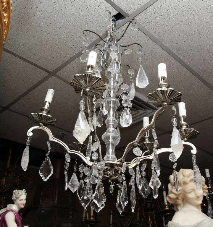 Pair of very unusual chrome-plated metal and rock crystal chandeliers.
Stock Number: L6