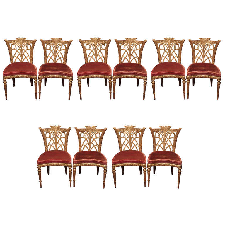Exceptional Set of 10 Giltwood Italian Louis XVI Side Chairs