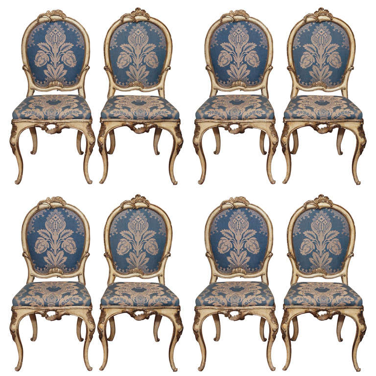 SET OF EIGHT PARCE GILT/PAINT 18th C VENETIAN SIDE CHAIRS