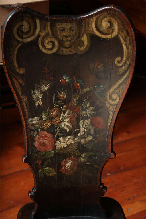 English Antique pair of William & Mary floral painted hall chairs c.1700