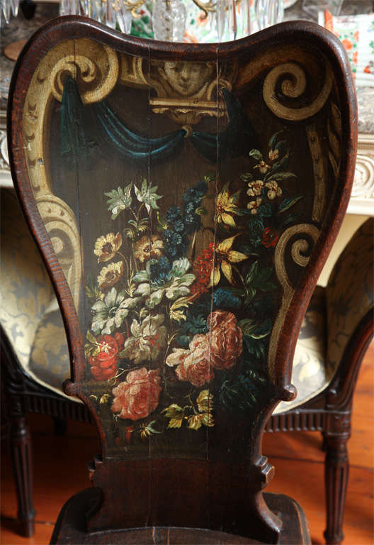 Antique pair of William & Mary floral painted hall chairs c.1700 2