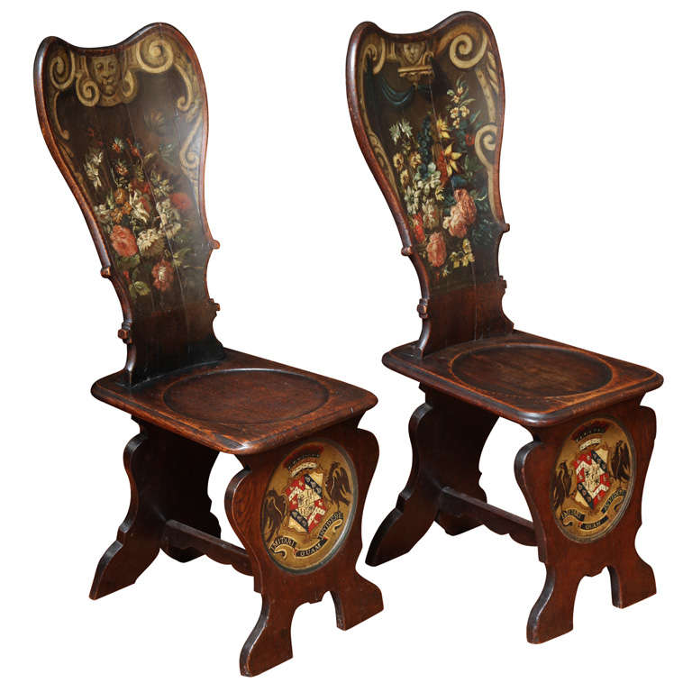 Antique pair of William & Mary floral painted hall chairs c.1700