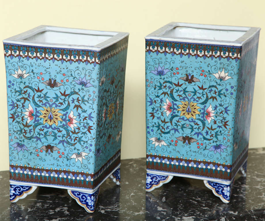 Rare  pair of Japanese cloisonne inlaid porcelain cache pots .Mark: Dai Nippon sei zo , Shippo Kai sha,<br />
 c.1875