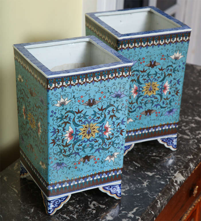 Fine pair of Japanese cloisonne porcelain cache pot. 4