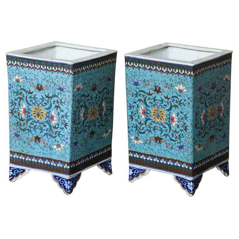 Fine pair of Japanese cloisonne porcelain cache pot.